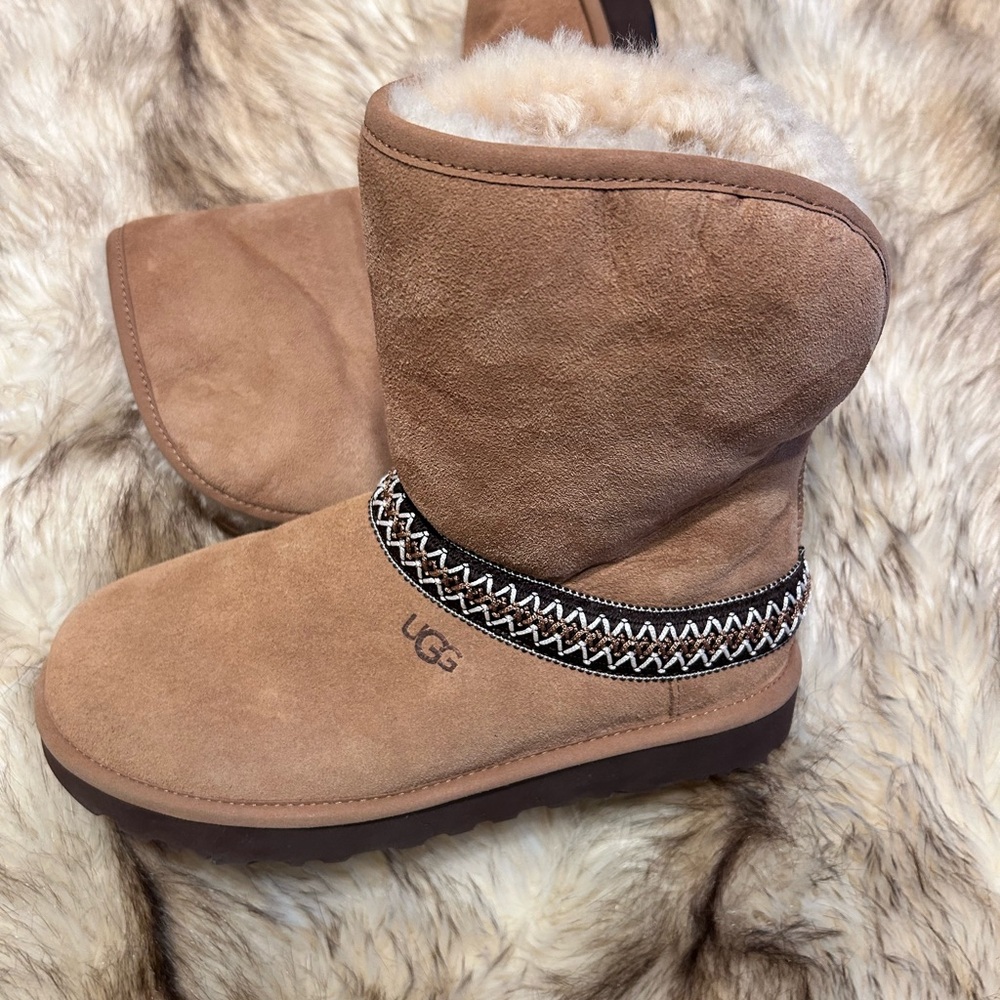 UGG Chestnut Suede Boots with Patterned Strap